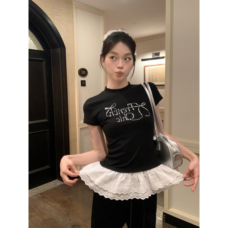 Men's cotton 260g bow iron diamond lace black short-sleeved T-shirt for women in summer slim and slim shoulder short top