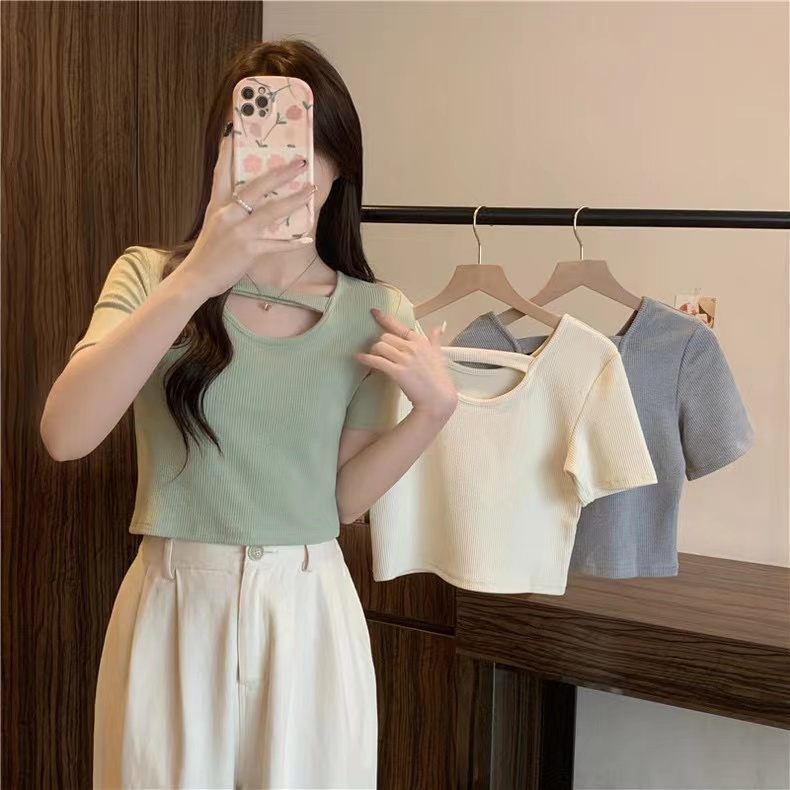 Real shot 6535 cotton rib design niche short front shoulder short sleeve T-shirt