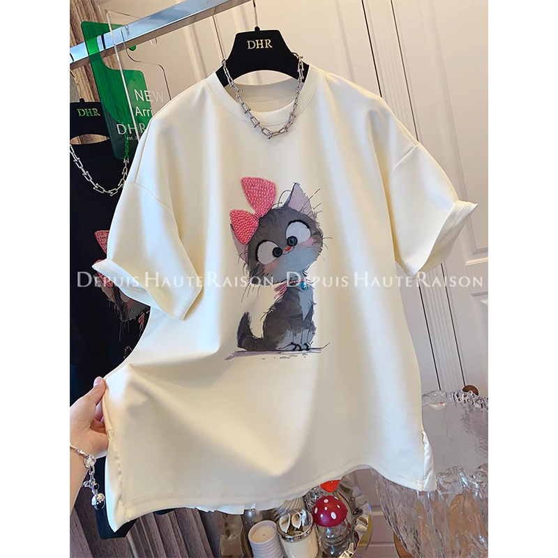 First launch of 220g trendy brand cotton extra large size 300 kilogram nail beads and diamond short-sleeved T-shirt for women 2025 new