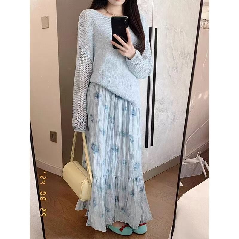 2025新款韓風chic初秋穿搭一整套藍色碎花連衣裙子女夏季套裝長裙