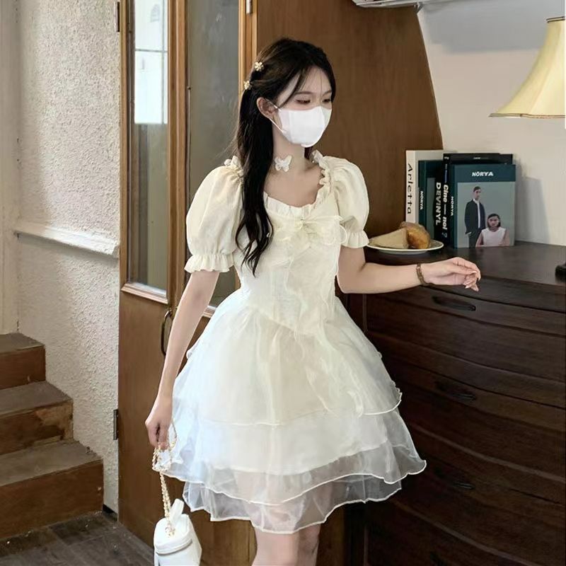 2025 summer princess dress sweet three-layer gauze skirt girl puffy dress bow detachable small fresh short sleeves
