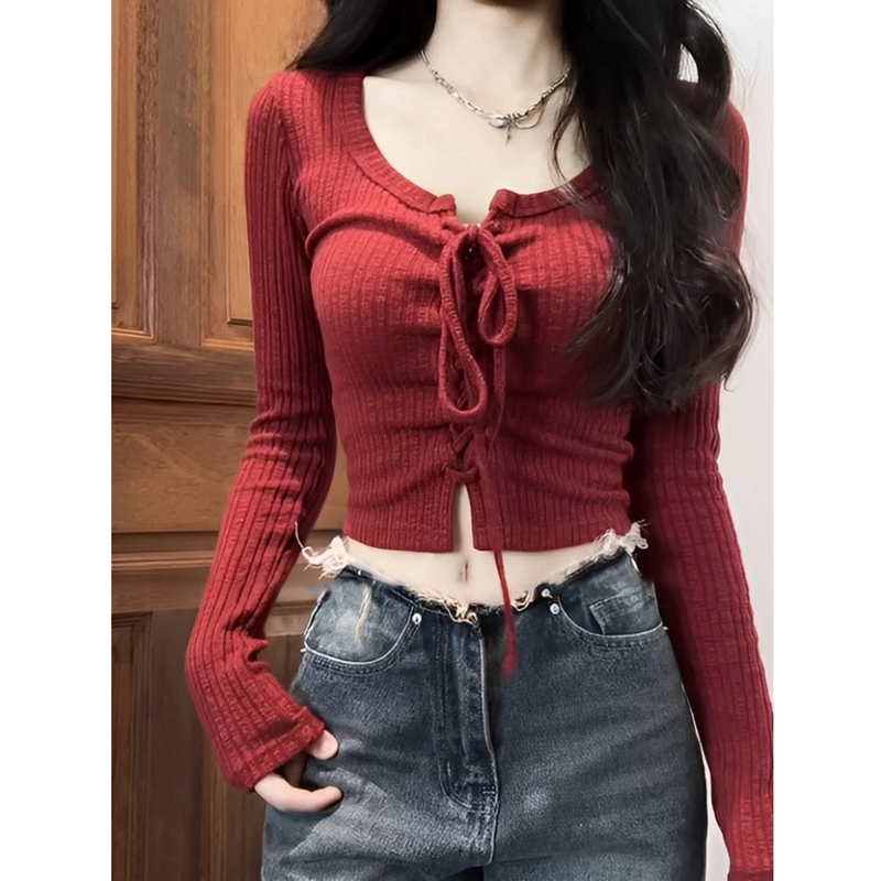 Hot girl pure drawstring red short tight base shirt for women 2025 spring and autumn interior design niche top