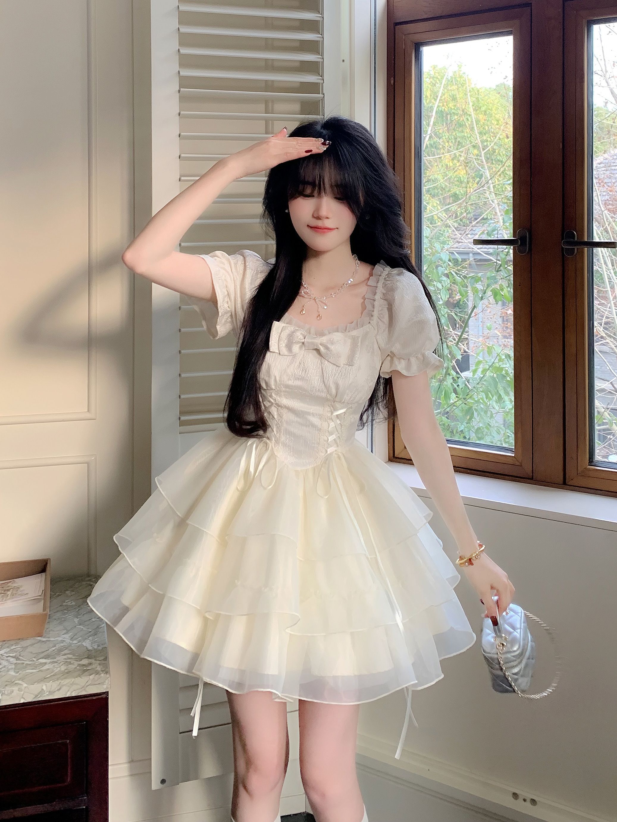 Blovelan Breeze Lily of the Valley Sweet Princess Style Bow Organya Short Dress Puffy Skirt Women's Spring and Summer