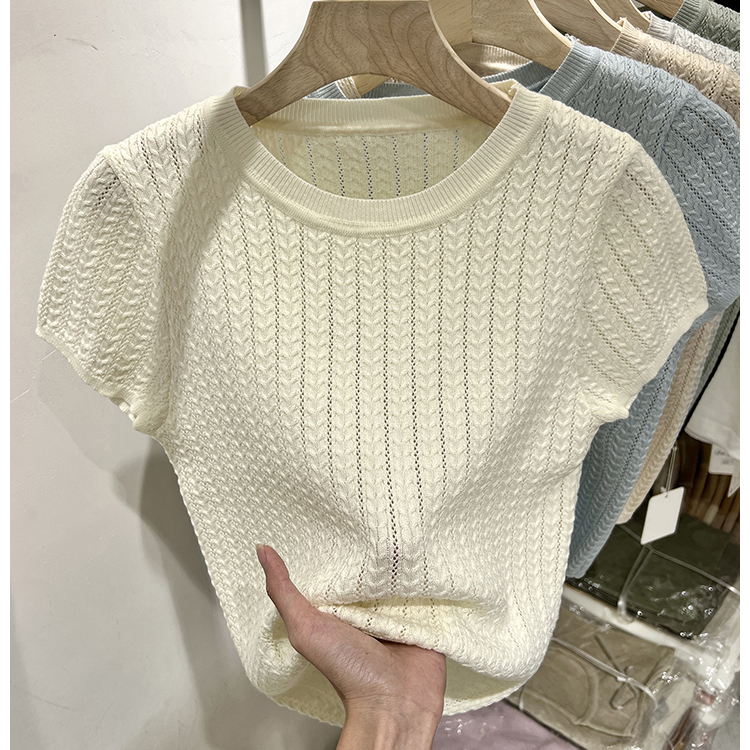 On-white ice silk sweater for women short-sleeved 2025 summer new slim and light round neck soft glutinous base shirt top