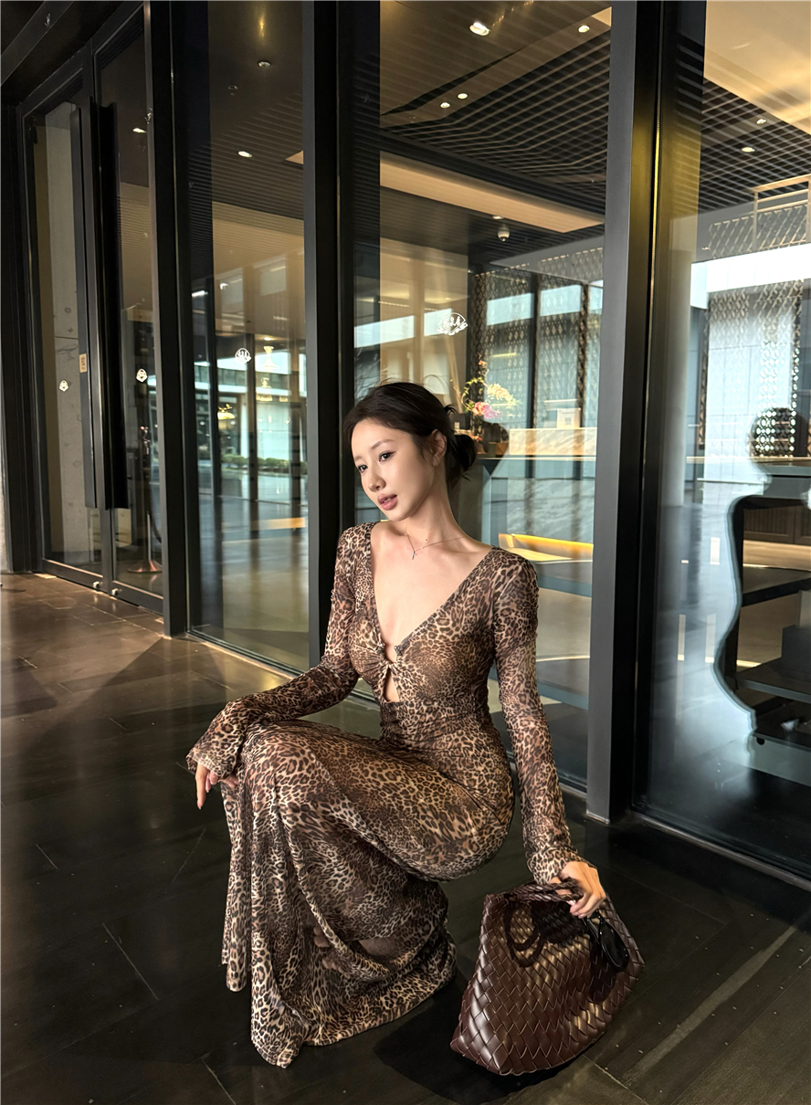 Real shot of sexy retro V-neck hollow long-sleeved leopard print dress hot girl slim waist-hugging banquet long skirt for women
