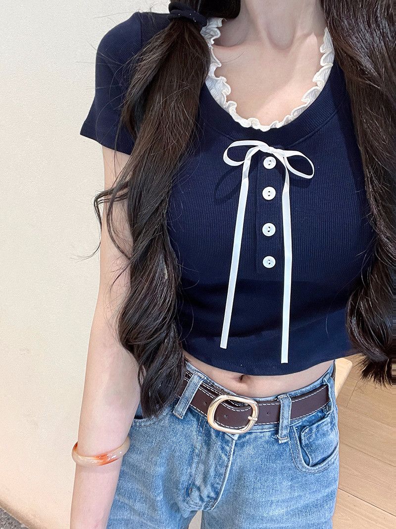 原版面料-做法  假兩件短袖T恤女夏季甜美修身顯瘦短款溫柔風上衣