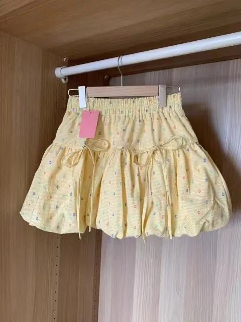 Floral yellow flower bud skirt skirt for women 2025 new summer elastic high waist ruffle a-line cake skirt