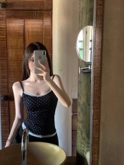 Shipped Polka dot fake two-piece lace suspender vest slim ballet style inner top