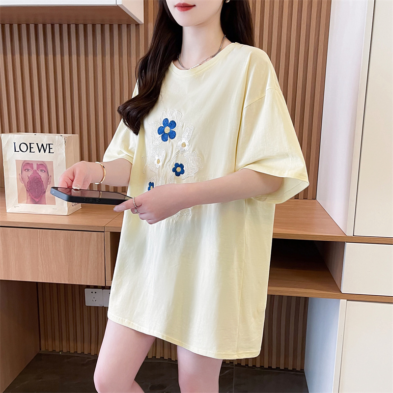 Real-life pure cotton quality/rear collar/loose mid-length lace patch embroidery fashion T