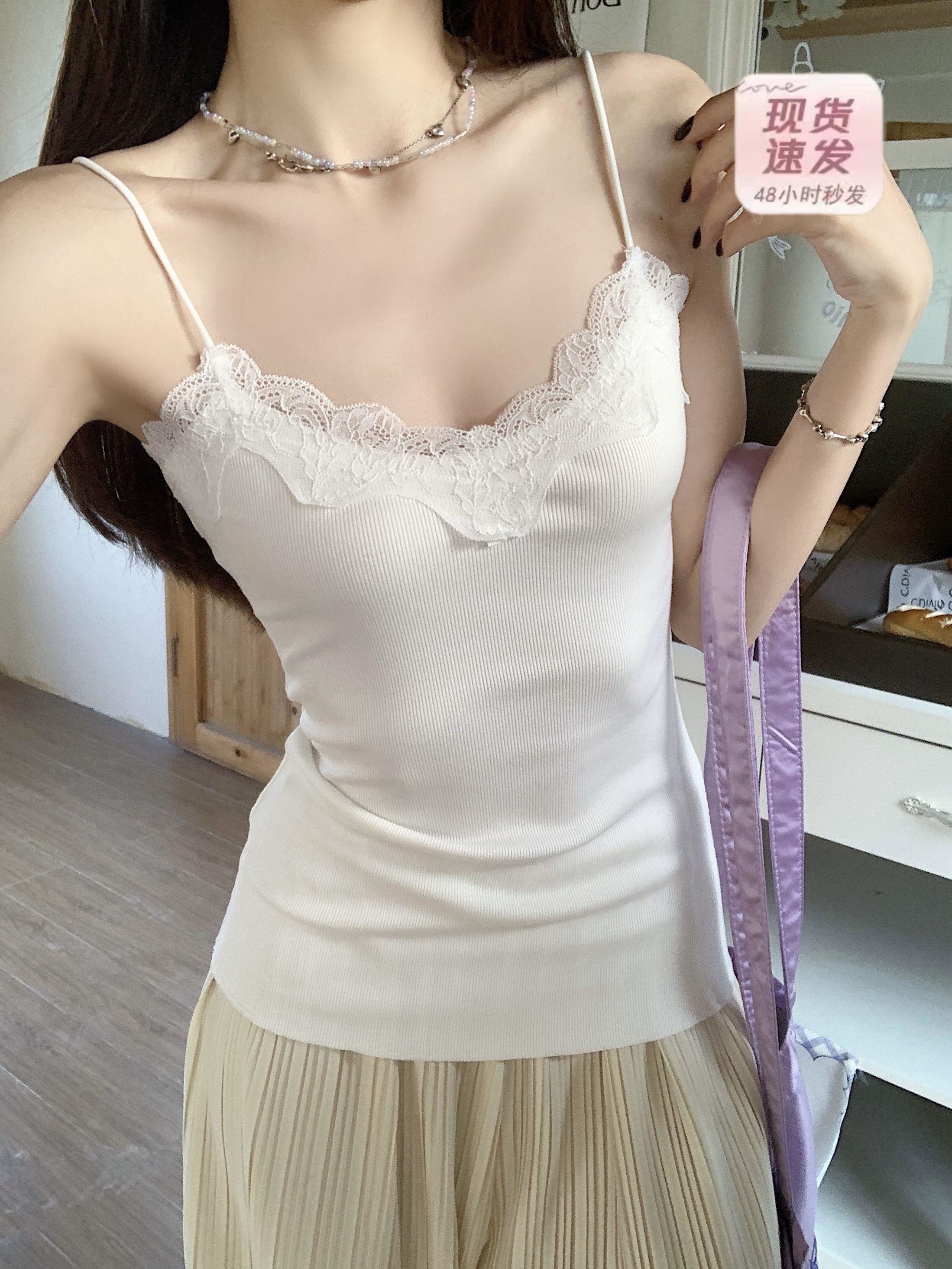 Men's cotton lace spliced ​​lace suspender vest for women in summer, beautiful pure bm style, inner bottoming, beautiful back top