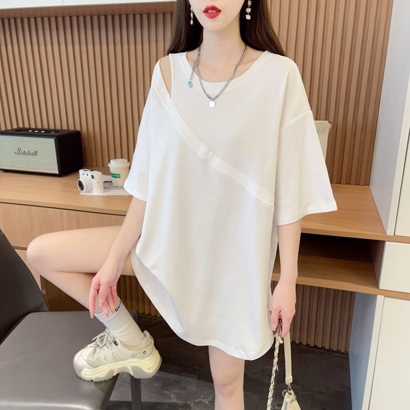 Real-life photo first release 100% pure cotton back cover collar design feel loose half-sleeved T-shirt women's mid-length top trendy