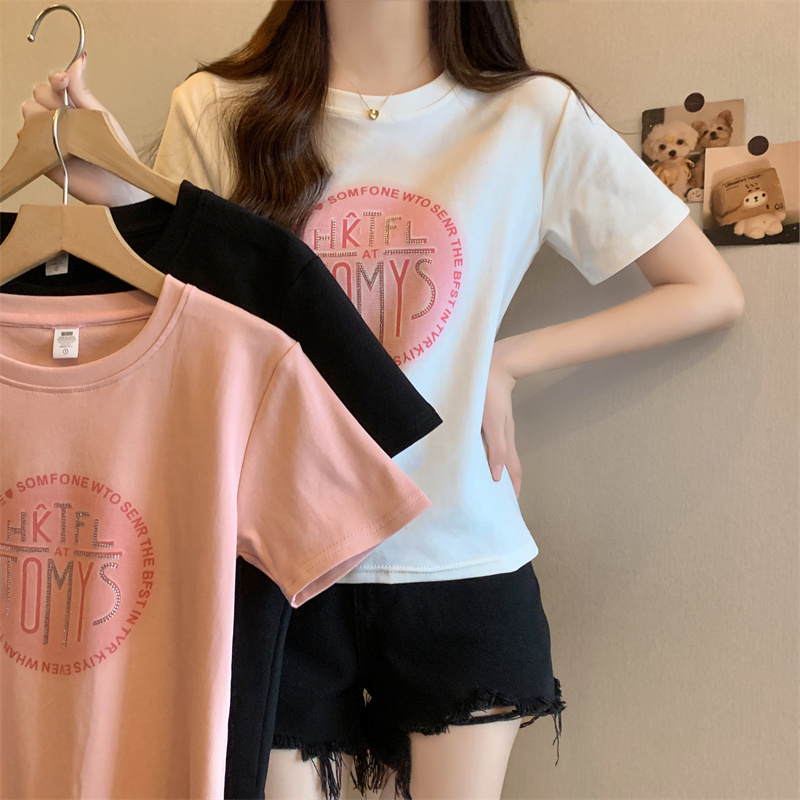 Real photo of imitation cotton 40 1*1 new summer heavy industry design round neck short-sleeved T-shirt for women