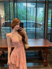 實拍 蕾絲拼接碎花吊帶荷葉邊甜辣收腰超仙長裙