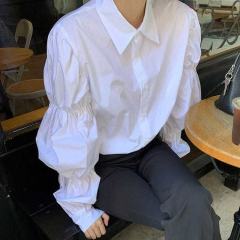 港風chic設計感小眾泡泡袖長袖白襯衫女減齡洋氣上衣法式復古春