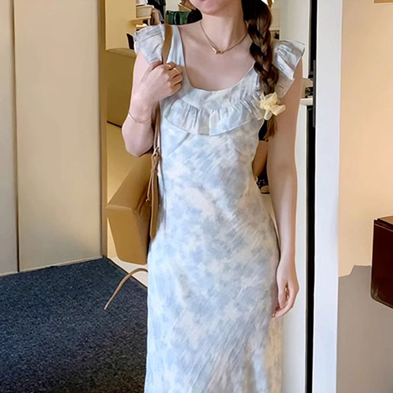 French floral suspender skirt retro summer dress new super fairy woman temperament lotus leaf waist-hugging long skirt