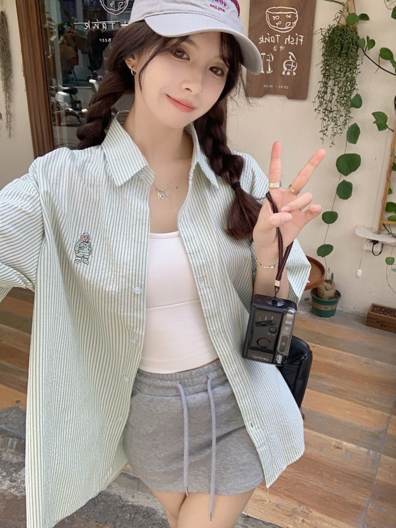 Real photo of bear embroidered striped shirt for women 2025 summer small college style loose Polo collar short-sleeved top