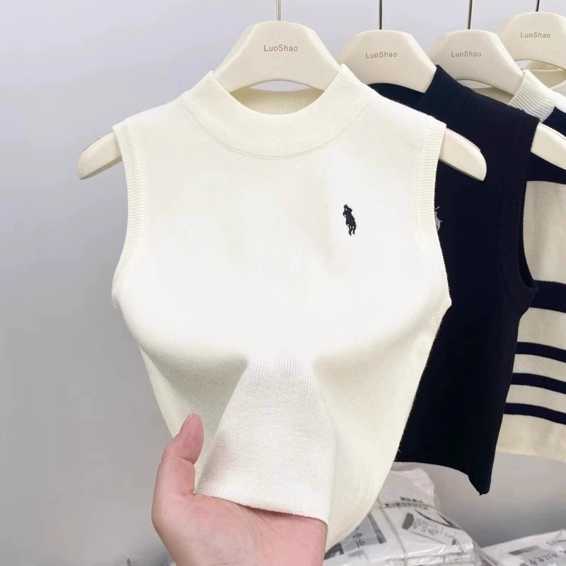 European half-turtleneck striped knitted vest for women in autumn and winter new thickened inner and outer vest base shirt