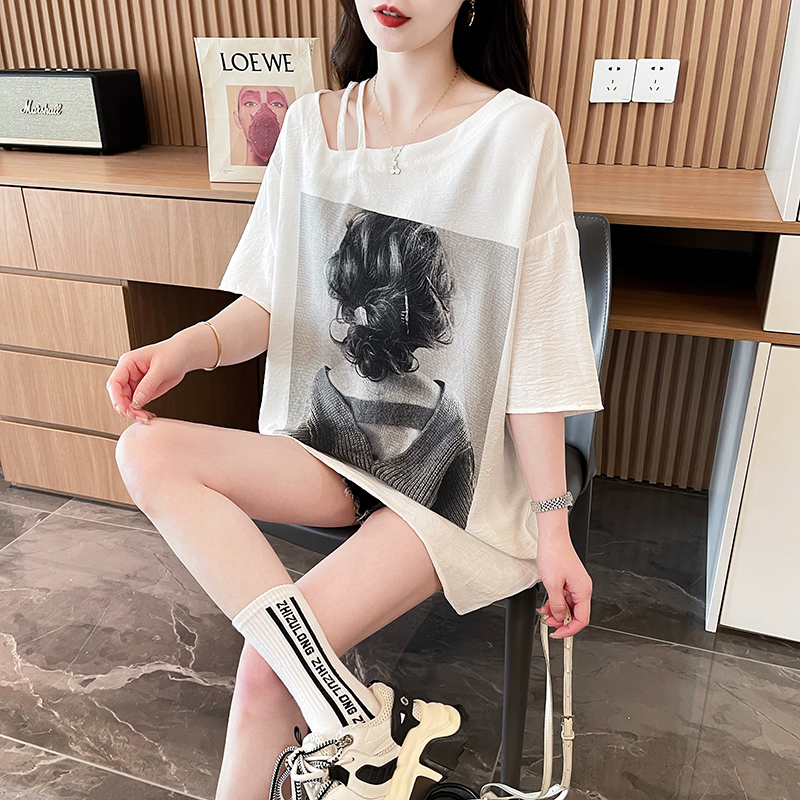 First launch real-life cotton rear bag collar mid-length Korean version summer contrast printing short-sleeved T-shirt for women