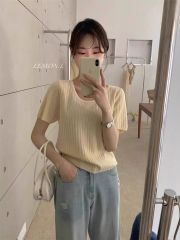 New Korean style summer style versatile solid color pit strips slimming knitted short-sleeved top for women