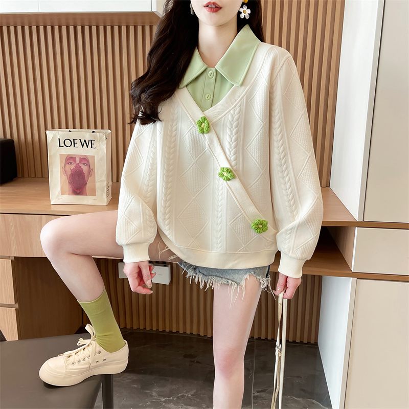 Real shot original jacquard fake two-piece large-size spring and autumn thin long-sleeved OP collar sweatshirt women's loose design top