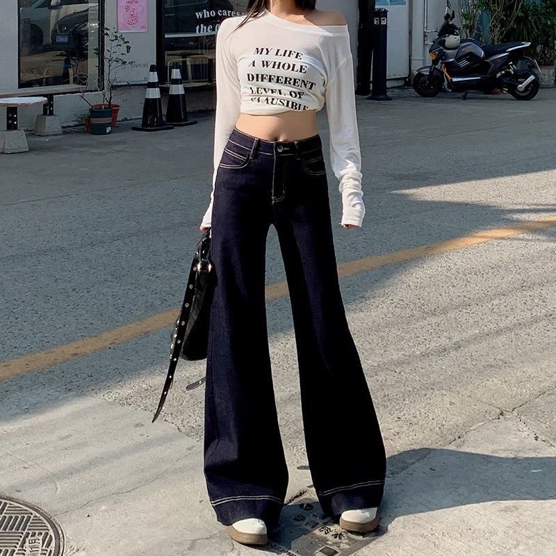 Denning Blue Stretch Wide-Level Jeans Women's 2025 Spring New Style Slimming No-Legged Flared Horseshoe Slimming Pants
