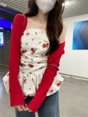 Real photos of niche retro floral strapless vest top for women red cardigan coat French temperament two-piece set