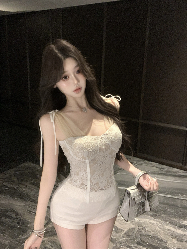 實拍名媛千金蕾絲上衣女修身吊帶無袖上衣