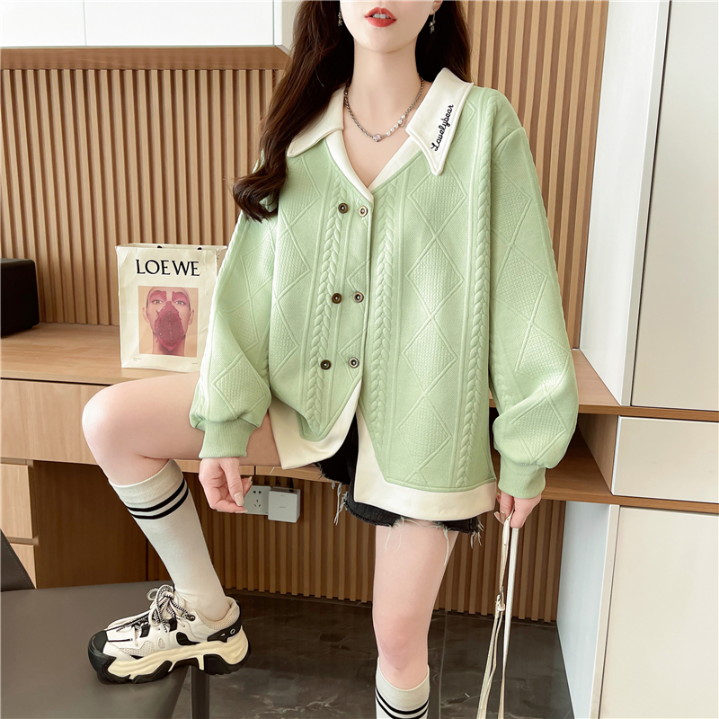 Real shot original jacquard fake two-piece large-size women's spring and autumn thin long-sleeved sweatshirt women's loose design top