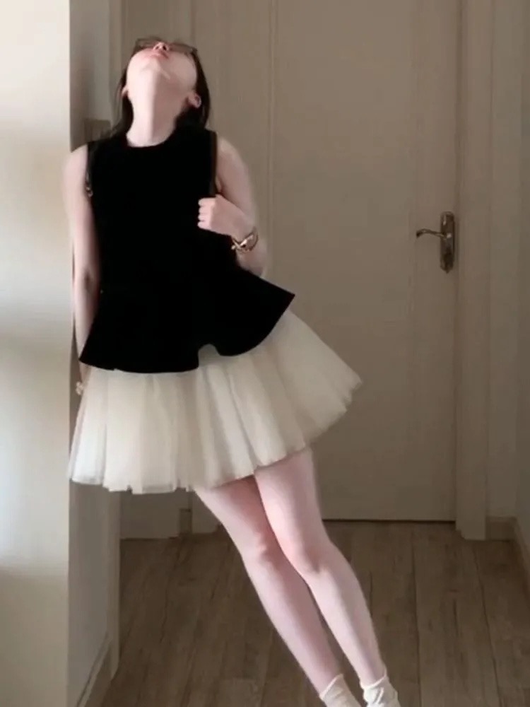 Sweet ballet style skirt velvet spliced ​​puff princess skirt for women in summer waist-hugging and slim sleeveless vest dress