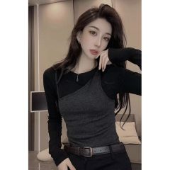 原做工純欲風氣質假兩件T恤女2025春季修身顯瘦長袖上衣內搭