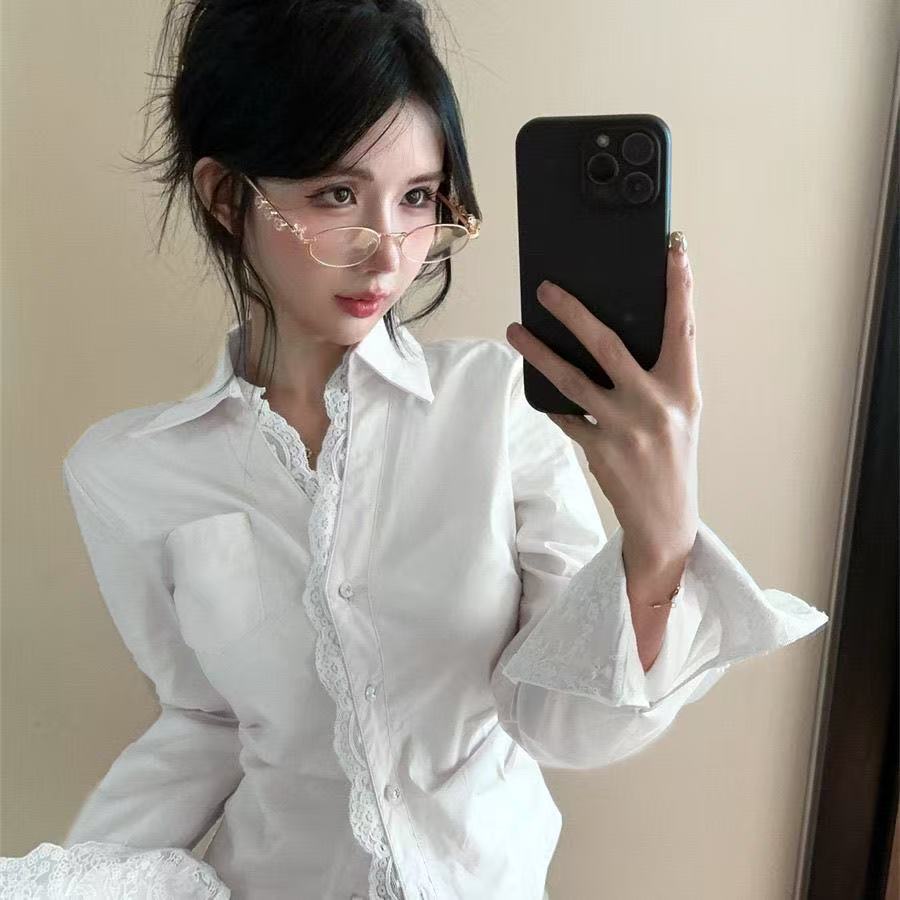 法式鏤空蕾絲花邊polo領襯衫女氣質掐腰顯瘦襯衣秋高級感長袖上衣