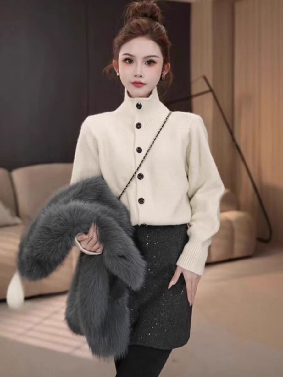 Lazy style high-end turtleneck sweater cardigan jacket for women in autumn and winter new loose knitted top