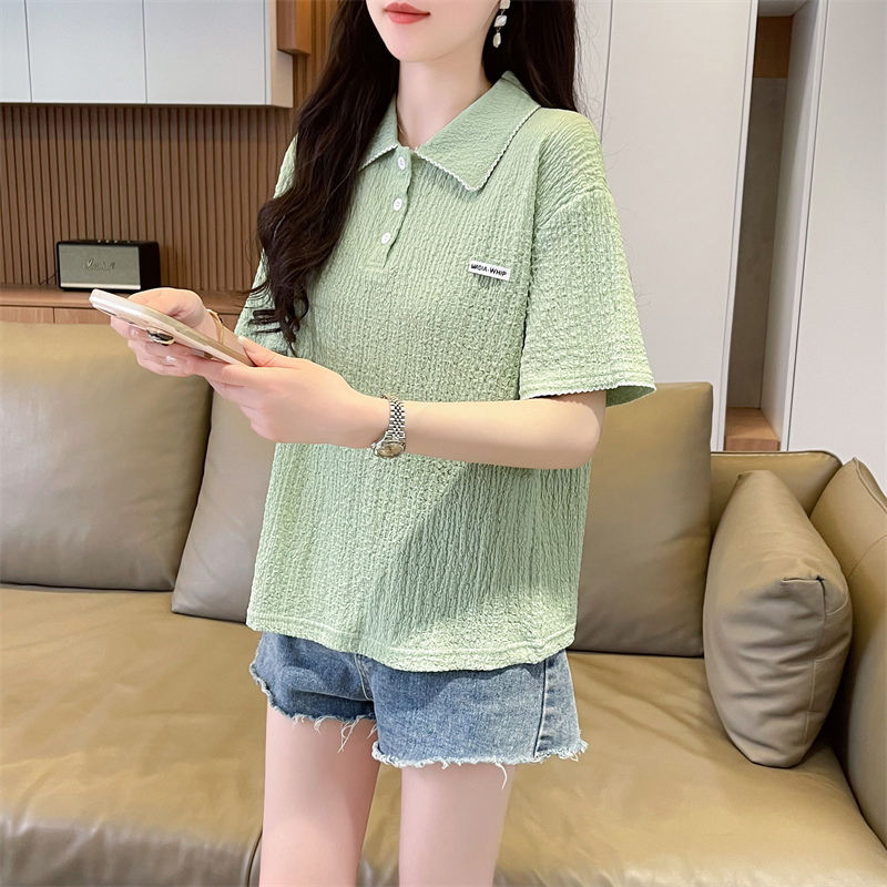 First real-time imitation cotton bubble short-sleeved T-shirt new doll collar top loose T-shirt for women
