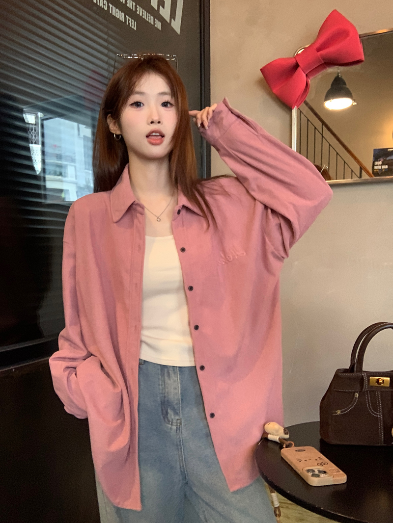 Real photo of Korean gentle pink lapel single-breasted long-sleeved shirt in autumn new loose slim top
