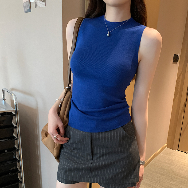Real photo Korean lazy half-high neck sleeveless sweater for women 2025 summer new beautiful inner vest top
