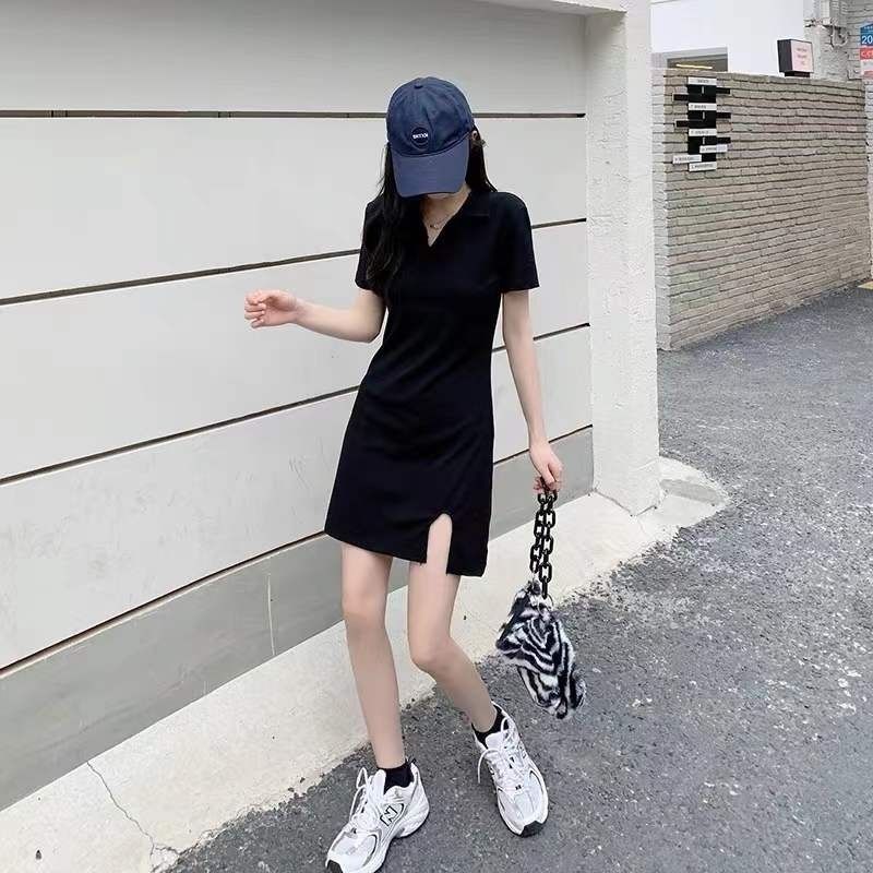 短袖連衣裙女夏季新款大碼胖MM顯瘦收腰修身小個子v領開叉小黑裙
