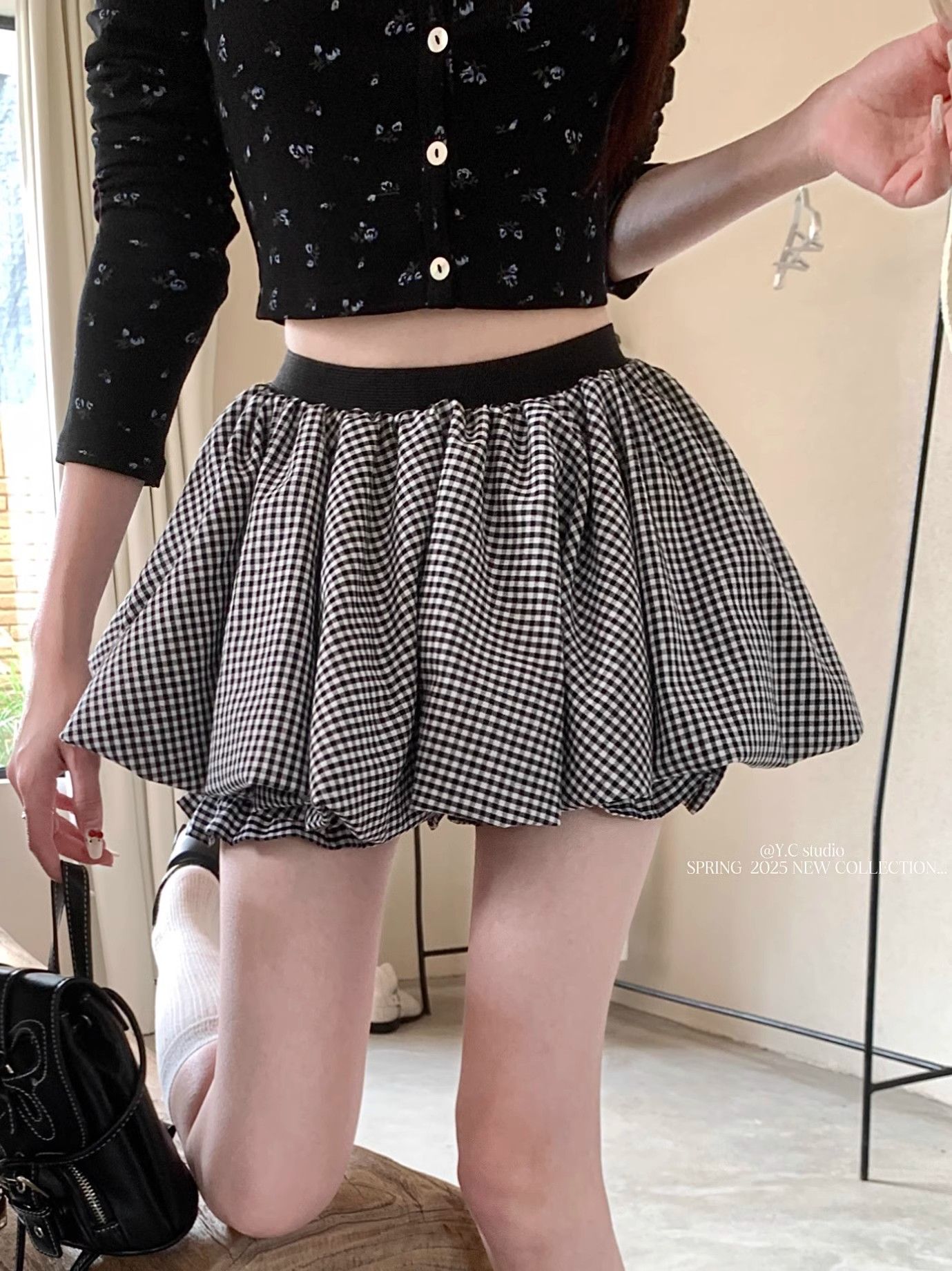 Floral Striped Babydoll Half-Skirt Summer Short Skirt Korean Version Women's Petite Tall Waist Anti-See-Through A-Line Skirt Puffy Skirt