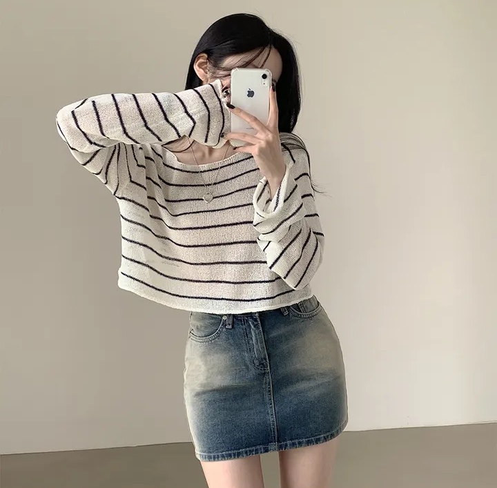Korean chic lazy casual contrast striped long-sleeved sunscreen blouse thin ice silk rolled knit top