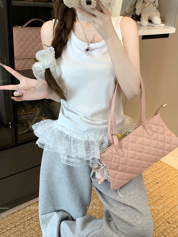 人棉260克氛圍感疊穿內搭吊帶背心女夏季新款蓬蓬蕾絲無袖上衣