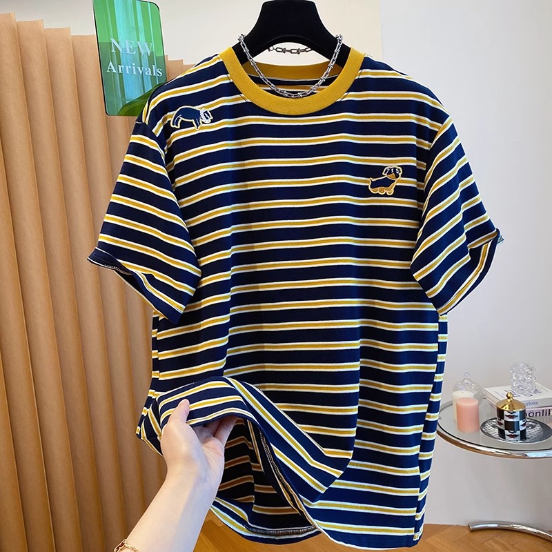 Embroidery + Solona neckline + original fabric extra large size 240 catties embroidered puppy stripes