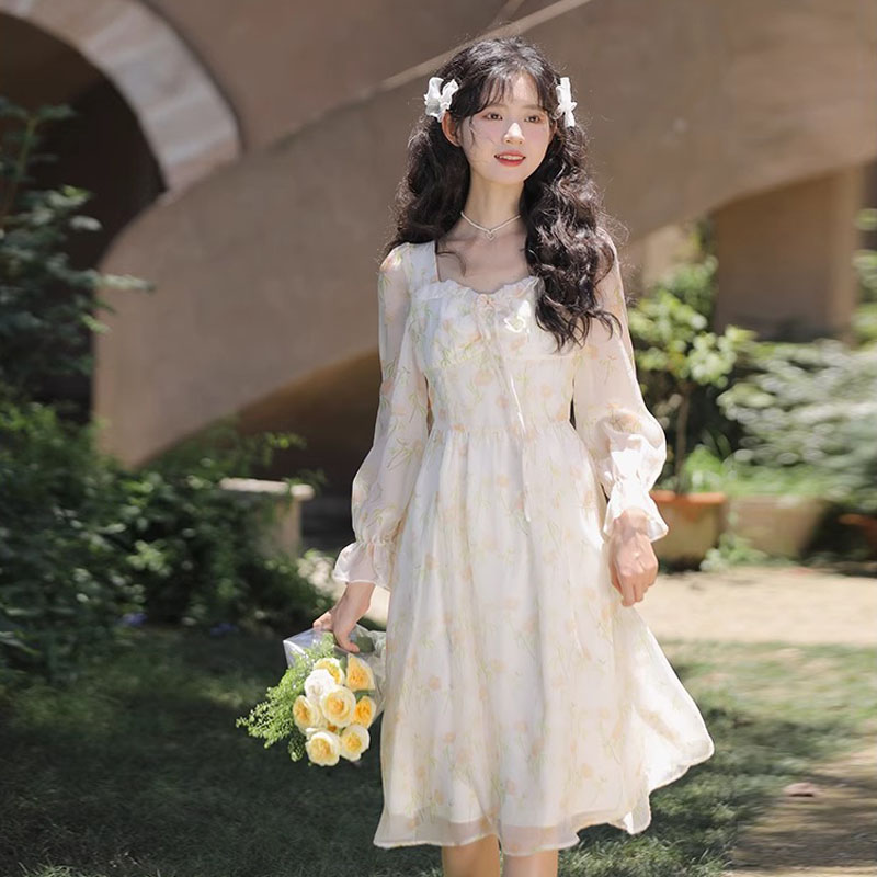 Original workmanship 2025 long-sleeved French retro mid-length floral skirt design niche dress