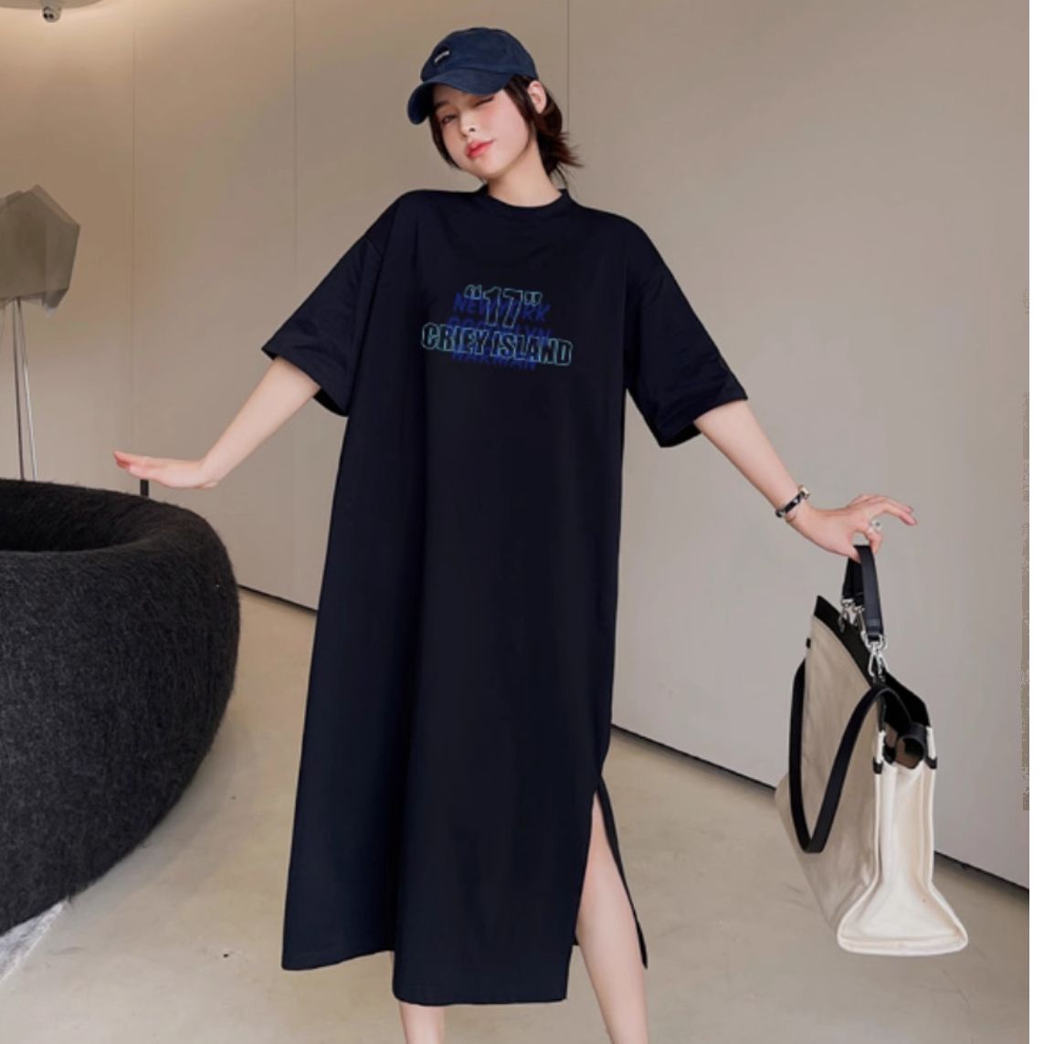 First fat girl in summer new mid-length short-sleeved T-shirt for women loose large-size dress long skirt