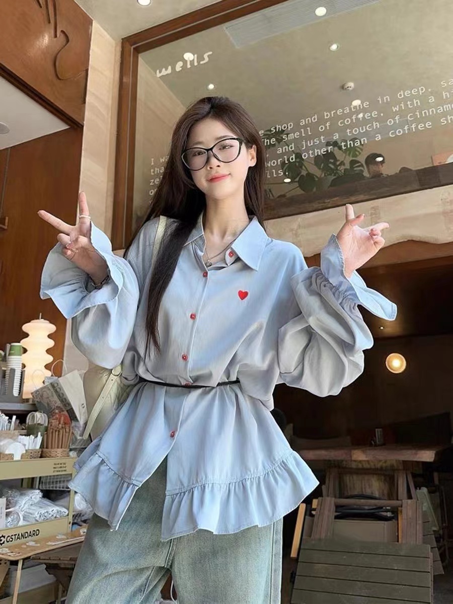 Love embroidered ruffle long-sleeved shirt for women in autumn new design sense fashionable loose versatile casual shirt trendy