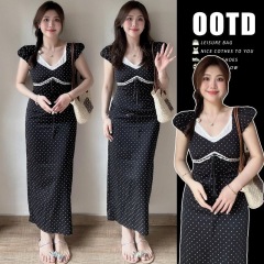 Atmosphere lace polka dot black dress summer design slim A-line skirt temperament umbrella skirt French long skirt