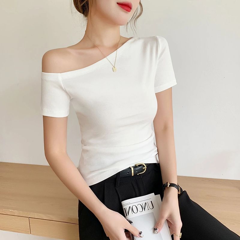 210g 1*1 pure cotton thread slanted shoulder T-shirt for women short-sleeved summer one-length hot girl shoulder top