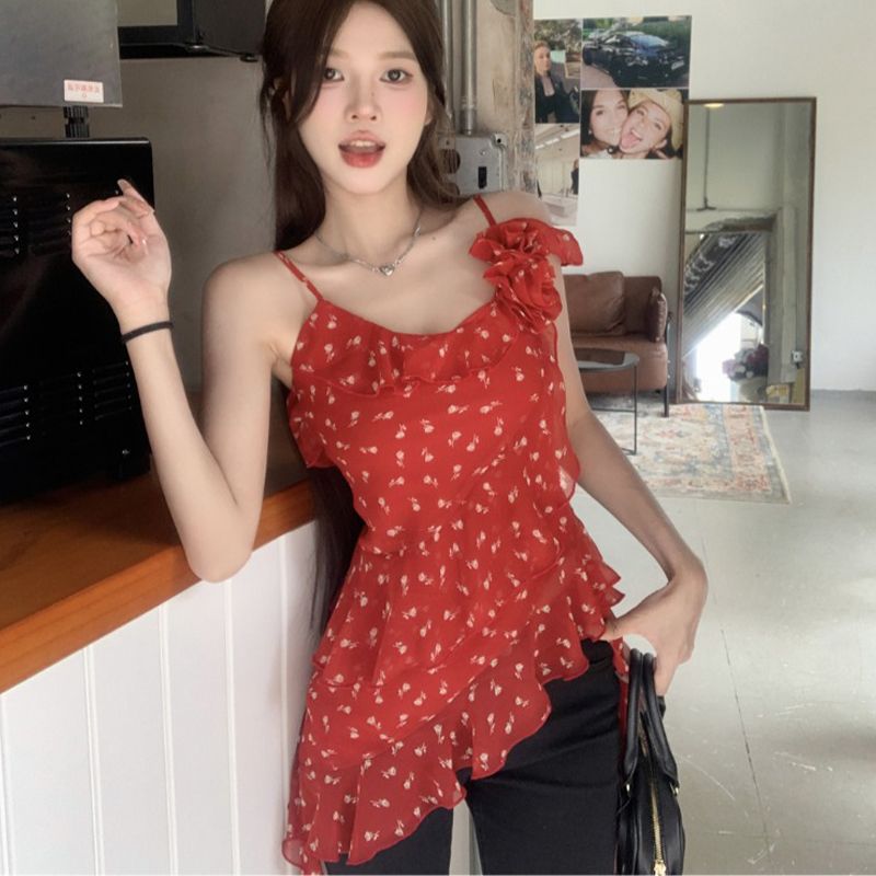 Three labels complete~ 2025 Summer New Two-Color Irregular Floral Spicy Girl Flared Strap Collarless Top