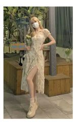 Foreign trade beautiful romantic three-dimensional long skirt with long leaves in summer new texture and touching tail flowing dress for women