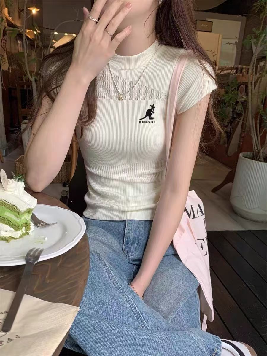 Knitted short-sleeved summer thin hollow slim women's slim shoulder ins half high neck versatile top