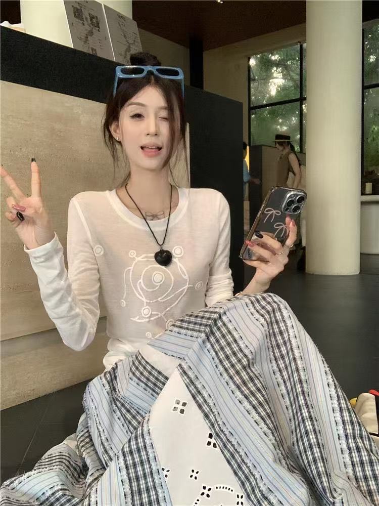 韓系可鹽可甜印花拼接條紋半身裙女夏季新款設計休閒高腰a字長