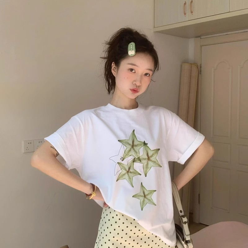 美式趣味楊桃印花短袖T恤女設計感圓領寬鬆休閒百搭上衣2025